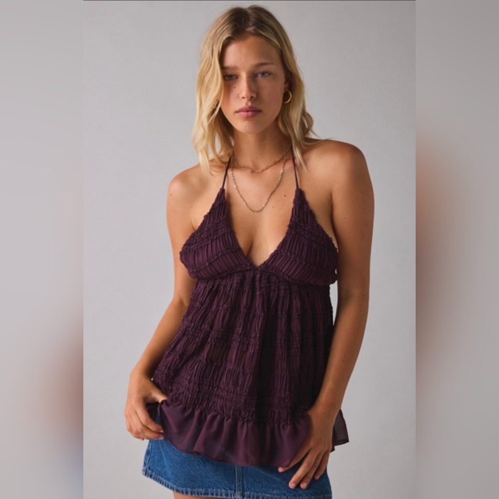 Kimchi Blue Brown Ruffled Babydoll Tunic Halter Top